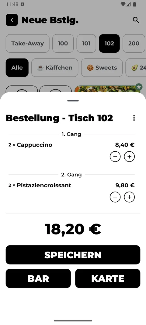 Tischbestellung in moaby Order mit Gängen, Gesamtsumme sowie Bar- und Kartenzahlung
