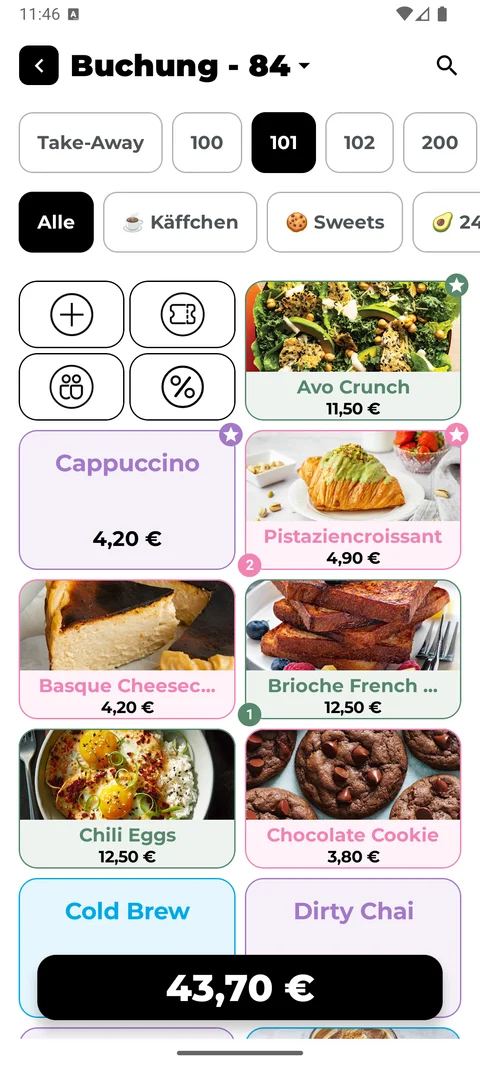 moaby Order auf dem Smartphone mit Artikelauswahl und Bestellung für Tisch 101